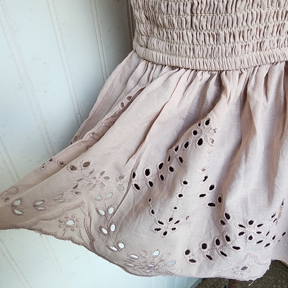 Japna Women's Beige Ruffled Smocked Stretch Eyelet Top Blouse Cotton Sz M - Picture 7 of 11